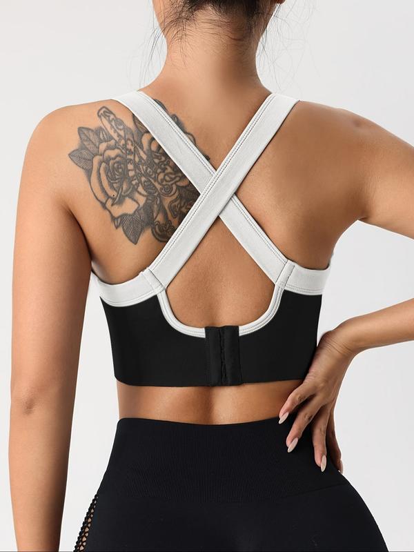 Women's Contrast Binding Criss Cross Sports Bra, Fall Outfits, Fallfreshness High Stretch Colorblock Sports Bra, Ladies Sportswear for Indoor Outdoor Wear