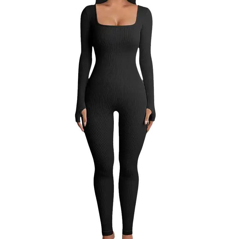 Women's Fitness Seamless Bodysuit Yoga Ribbed One-Piece Long Sleeve Leggings Bodysuit, Traveling Fitness Tights, Bodysuits, Yoga Wear, Solid Color Tights