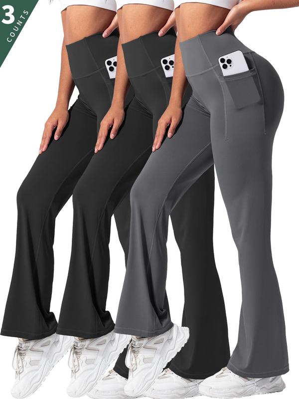 Women's Solid High Waist Flare Leg Sports Leggings, Casual Comfy Pocket Design Bell Bottom Trousers for Yoga Gym Workout, Ladies Sportswear for All Seasons