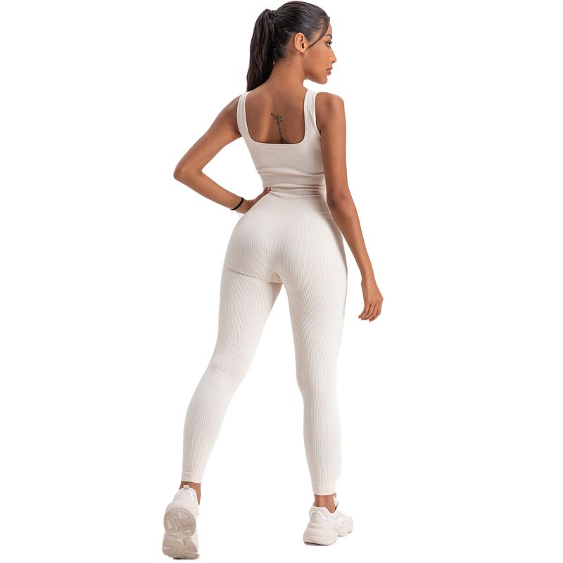 Women's Ribbed Yoga Jumpsuit, Sleeveless Slimming Bodysuit, Sporty Fitness One-Piece Activewear for Gym & Workout, High Stretch Fabric - Womenswear