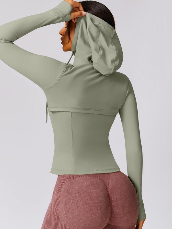 Sporty Women's Solid Color Thumb Hole Zip Up Drawstring Hooded Jacket, Sport Long Sleeve Pocket Outerwear for Yoga Gym Workout, Sports Sauna Jacket, Ladies Sportswear for All Seasons