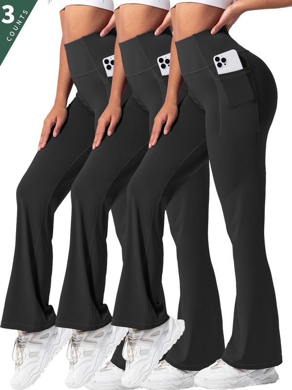 Women's Solid High Waist Flare Leg Sports Leggings, Casual Comfy Pocket Design Bell Bottom Trousers for Yoga Gym Workout, Ladies Sportswear for All Seasons