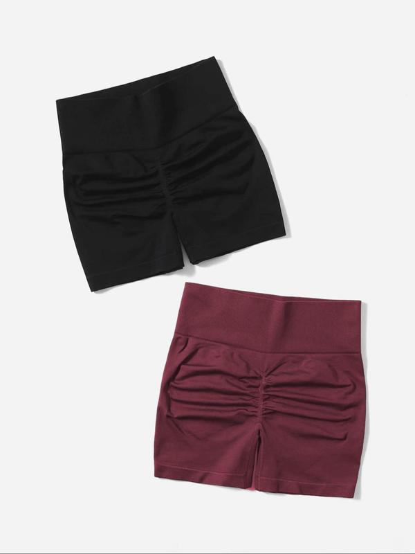 Women's 2pcs Solid Ruched High Waist Sports Shorts, Gym Shorts, Casual Comfy Breathable High Stretch Seamless Shorts for Yoga Gym Workout Running, Gym Shorts, Women Sport & Outdoor Clothing for Summer