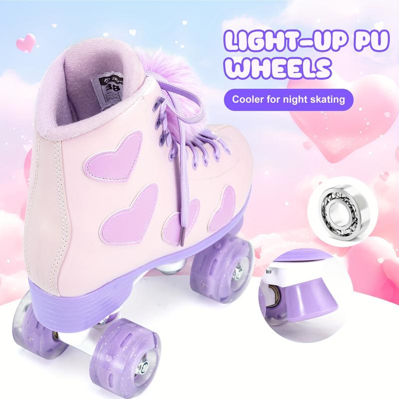 Women's and Girl's Heart Pattern Roller Skates - PU Leather High-top, Double Row Shiny Wheels, Light Up Wheels, Roller Skating Shoes for Fun and Exercise