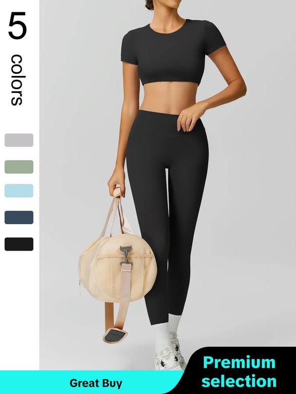 Two Counts Sporty Women's Plain Round Neck Crop Tee & High Waist Leggings Tracksuit Set, Sport Comfy Breathable Two-piece Outfits for Yoga Gym Workout Running, Jogging Suit Set, Ladies Sportswear for Fall,  Jogging Sets for Women, Minimalistic Outfit