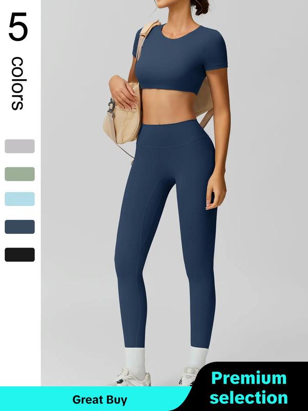 Two Counts Sporty Women's Plain Round Neck Crop Tee & High Waist Leggings Tracksuit Set, Sport Comfy Breathable Two-piece Outfits for Yoga Gym Workout Running, Jogging Suit Set, Ladies Sportswear for Fall,  Jogging Sets for Women, Minimalistic Outfit