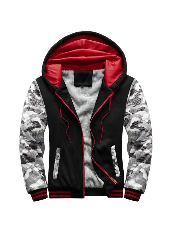 Men's Colorblock & Camo Print Zip Up Thermal Lined Sports Hoodie, Sporty Regular Fit Long Sleeve Drawstring Pocket Zipper Outerwear for Fall & Winter, Men's Sportswear for Outdoor Activities