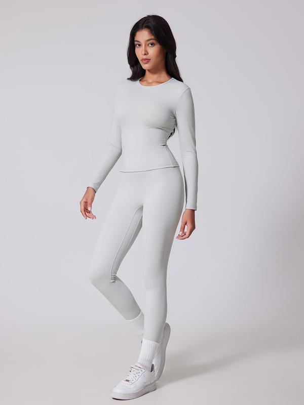 Women's Solid Long Sleeve Tee & High Waist Leggings Tracksuit Set, Sporty Breathable Quick Drying for Yoga Gym Workout Running, Ladies Sportswear for Fall & Winter