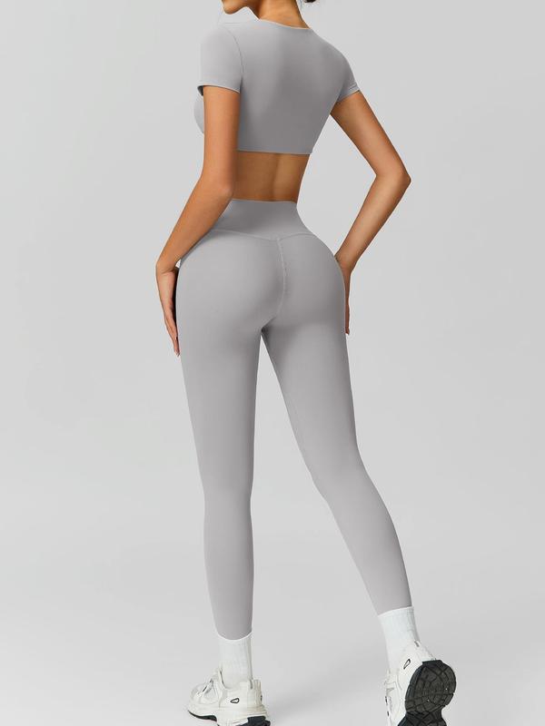 Two Counts Sporty Women's Plain Round Neck Crop Tee & High Waist Leggings Tracksuit Set, Sport Comfy Breathable Two-piece Outfits for Yoga Gym Workout Running, Jogging Suit Set, Ladies Sportswear for Fall,  Jogging Sets for Women, Minimalistic Outfit