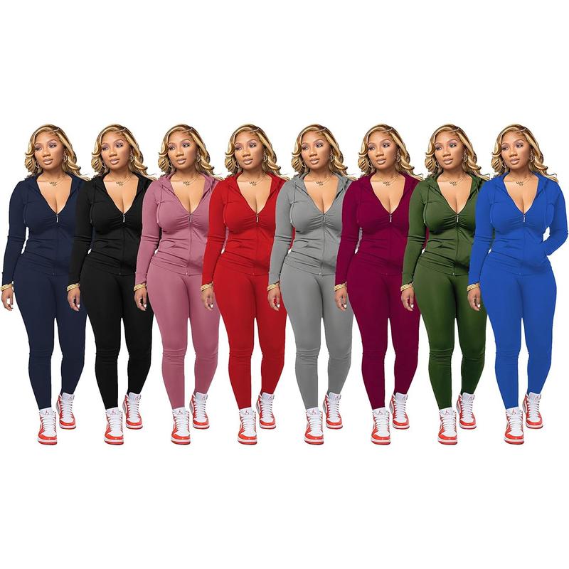 Women Two Outfits Workout Sets Bodycon Tracksuit Long Sleeve Zip Up Hoodie Jacket Jogger Matching Sweat Pants Set