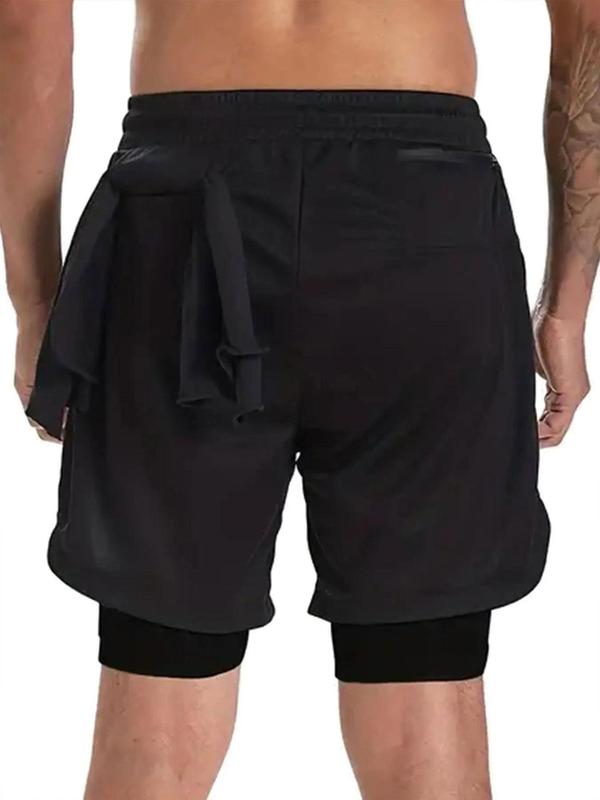 Men's 2 in 1 Pocket Sports Shorts, Sporty Drawstring Waist Towel Loop Design Track Shorts, Gym Shorts, Gym Clothing for Men, Shorts for Men, Gym Shorts for Men, Mens Shorts, Summer Outfits 2024 Graphic Shorts, Gym Clothes