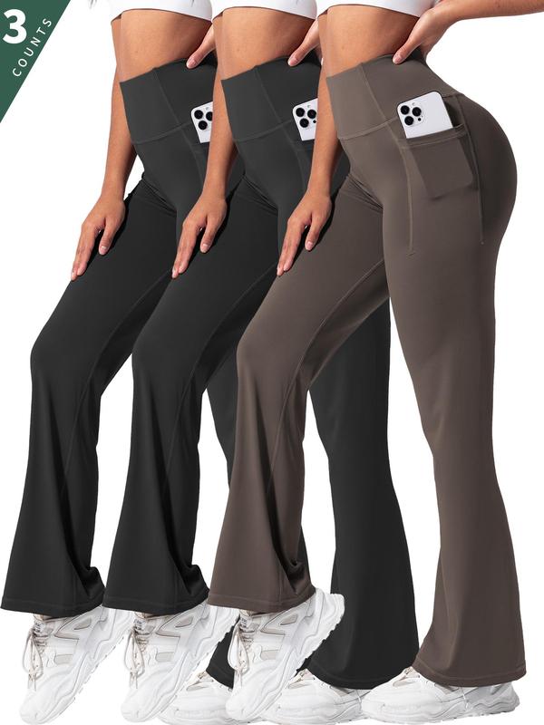 Women's Solid High Waist Flare Leg Sports Leggings, Casual Comfy Pocket Design Bell Bottom Trousers for Yoga Gym Workout, Ladies Sportswear for All Seasons