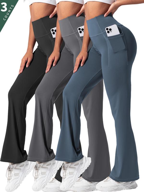 Women's Solid High Waist Flare Leg Sports Leggings, Casual Comfy Pocket Design Bell Bottom Trousers for Yoga Gym Workout, Ladies Sportswear for All Seasons