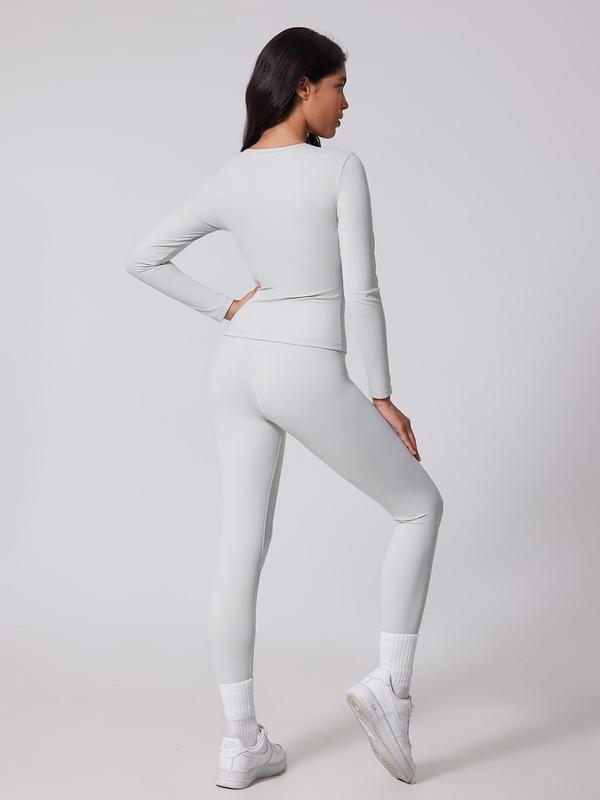 Women's Solid Long Sleeve Tee & High Waist Leggings Tracksuit Set, Sporty Breathable Quick Drying for Yoga Gym Workout Running, Ladies Sportswear for Fall & Winter