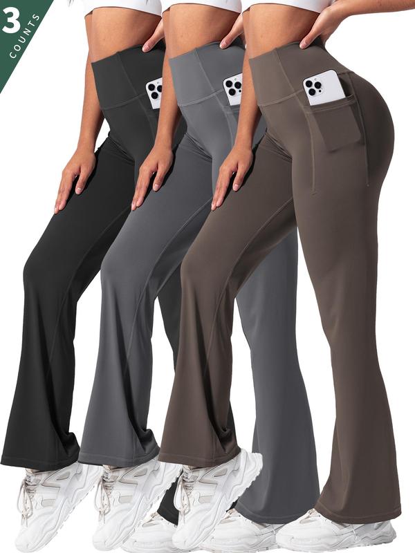 Women's Solid High Waist Flare Leg Sports Leggings, Casual Comfy Pocket Design Bell Bottom Trousers for Yoga Gym Workout, Ladies Sportswear for All Seasons