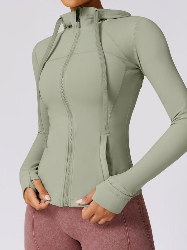 Sporty Women's Solid Color Thumb Hole Zip Up Drawstring Hooded Jacket, Sport Long Sleeve Pocket Outerwear for Yoga Gym Workout, Sports Sauna Jacket, Ladies Sportswear for All Seasons