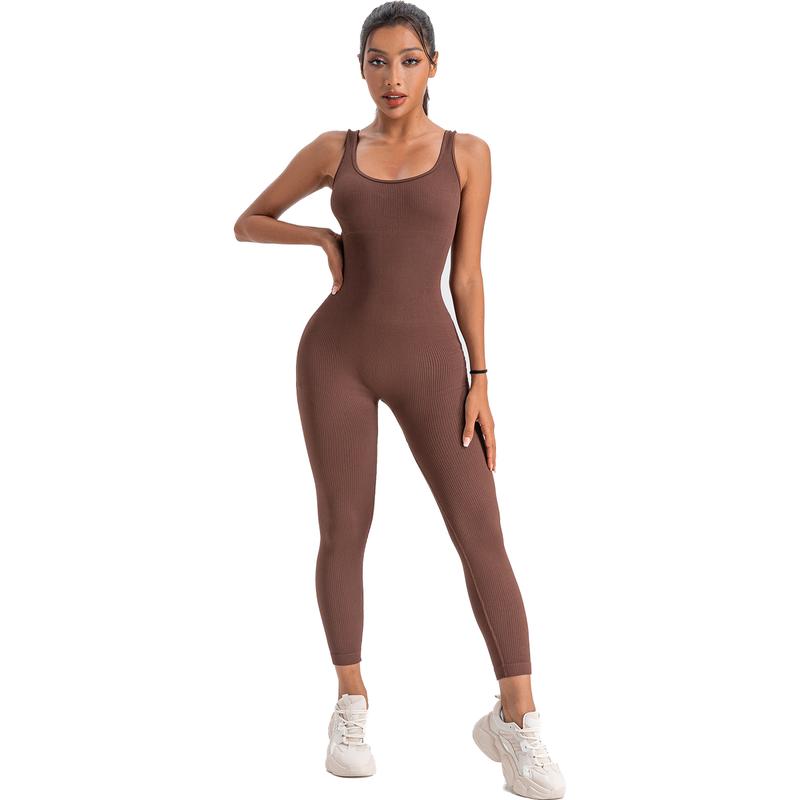 Women's Ribbed Yoga Jumpsuit, Sleeveless Slimming Bodysuit, Sporty Fitness One-Piece Activewear for Gym & Workout, High Stretch Fabric - Womenswear