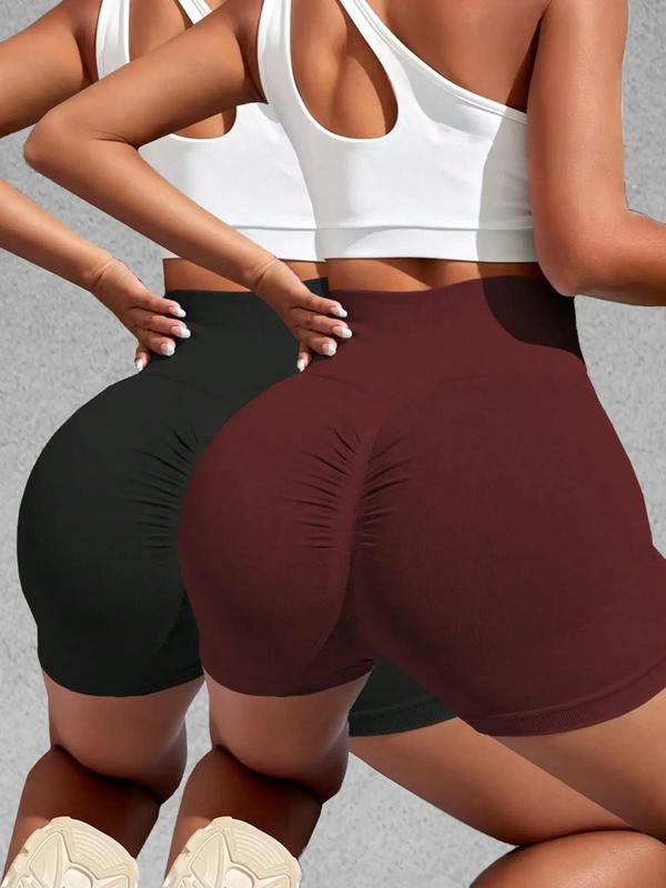 Women's 2pcs Solid Ruched High Waist Sports Shorts, Gym Shorts, Casual Comfy Breathable High Stretch Seamless Shorts for Yoga Gym Workout Running, Gym Shorts, Women Sport & Outdoor Clothing for Summer