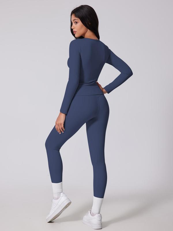 Women's Solid Long Sleeve Tee & High Waist Leggings Tracksuit Set, Sporty Breathable Quick Drying for Yoga Gym Workout Running, Ladies Sportswear for Fall & Winter