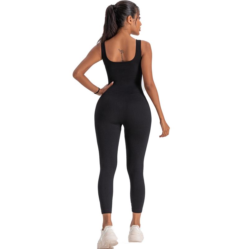 Women's Ribbed Yoga Jumpsuit, Sleeveless Slimming Bodysuit, Sporty Fitness One-Piece Activewear for Gym & Workout, High Stretch Fabric - Womenswear