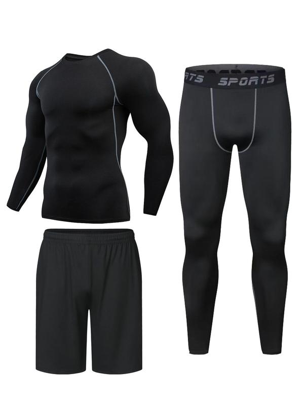 Men's Long Sleeve Compression Tee & Leggings & Shorts Set, Breathable Quick Drying Sports Set, Men's Sportswear Set for Running Basketball