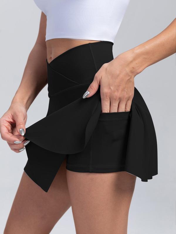 Women's Solid Pocket High Waist Sports Skorts, Simple Comfort Breathable Sporty Wrap Gym Shorts for Gym Workout Running, Tennis Skirts, Short Skirt, Pickleball Clothes, Tennis Outfits, Ladies Sportswear for Fall, Fall Bottoms for Back To School