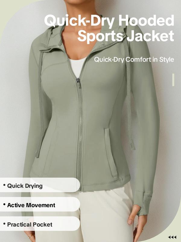 Women's Solid Thumb Hole Zip Up Hooded Sports Jacket, Quick Drying Drawstring Pocket Tennis Hoodie Outerwear, Ladies Pickleball Sportswear for All Seasons, Gym Clothing, Fall Outfits 2024