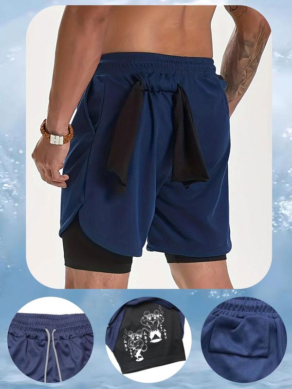 Men's 2 in 1 Pocket Sports Shorts, Sporty Drawstring Waist Towel Loop Design Track Shorts, Gym Shorts, Gym Clothing for Men, Shorts for Men, Gym Shorts for Men, Mens Shorts, Summer Outfits 2024 Graphic Shorts, Gym Clothes