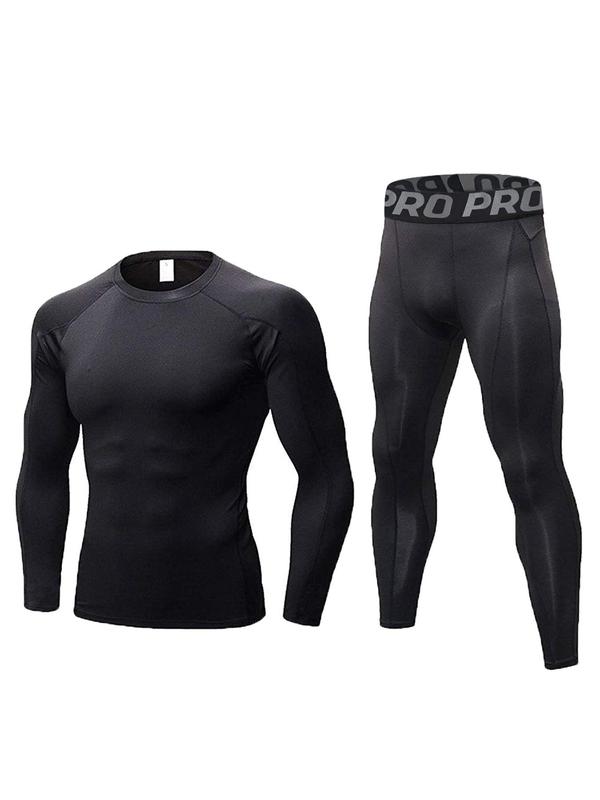 Men's Letter Tape Shapewear Set, High Stretch Raglan Sleeve Tee & Pants Two Piece Wear for Workout Exercise, Men's Shapewear for All Seasons