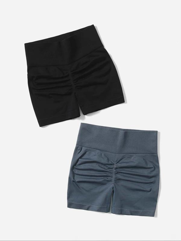 Women's 2pcs Solid Ruched High Waist Sports Shorts, Gym Shorts, Casual Comfy Breathable High Stretch Seamless Shorts for Yoga Gym Workout Running, Gym Shorts, Women Sport & Outdoor Clothing for Summer