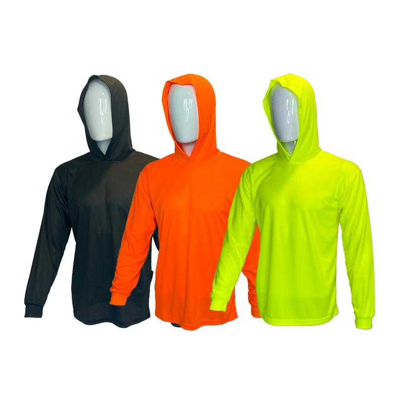 3 SHIRT PACK Hi Vis Long Sleeve Safety Shirt With Hoodie, Quick Dry Polyester Birdeye mesh   Ultra lightweight hoodie shirt Reflective Thin Pullover Long sleeves ( 3 SHIRTS PER ORDER)