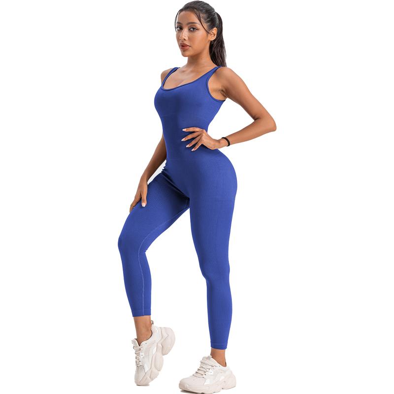 Women's Ribbed Yoga Jumpsuit, Sleeveless Slimming Bodysuit, Sporty Fitness One-Piece Activewear for Gym & Workout, High Stretch Fabric - Womenswear