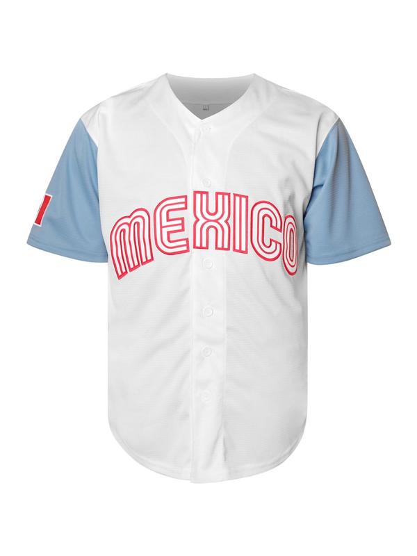 Men's Colorblock Letter Embroidery Baseball Jersey, Casual Breathable Short Sleeve Button Front Baseball Top for Training & Competition, Sportswear for Men