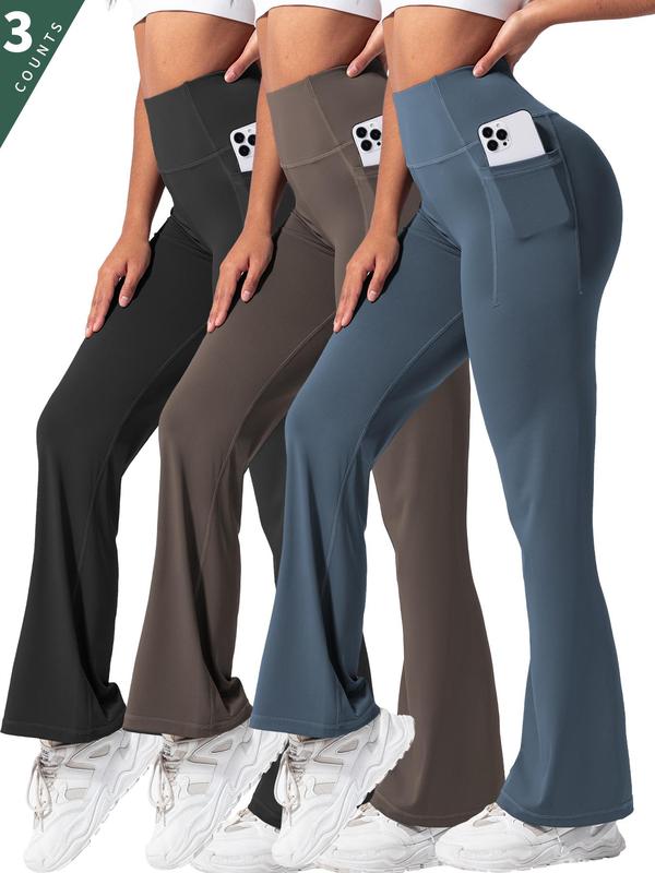 Women's Solid High Waist Flare Leg Sports Leggings, Casual Comfy Pocket Design Bell Bottom Trousers for Yoga Gym Workout, Ladies Sportswear for All Seasons