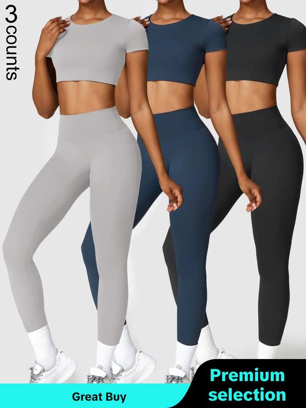 Two Counts Sporty Women's Plain Round Neck Crop Tee & High Waist Leggings Tracksuit Set, Sport Comfy Breathable Two-piece Outfits for Yoga Gym Workout Running, Jogging Suit Set, Ladies Sportswear for Fall,  Jogging Sets for Women, Minimalistic Outfit