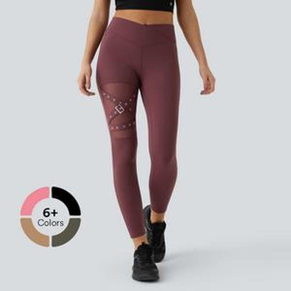 Halara High Waisted Crossover Contrast Mesh Decorative Buckle Yoga 7 8 Leggings