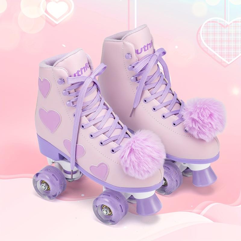 Women's and Girl's Heart Pattern Roller Skates - PU Leather High-top, Double Row Shiny Wheels, Light Up Wheels, Roller Skating Shoes for Fun and Exercise