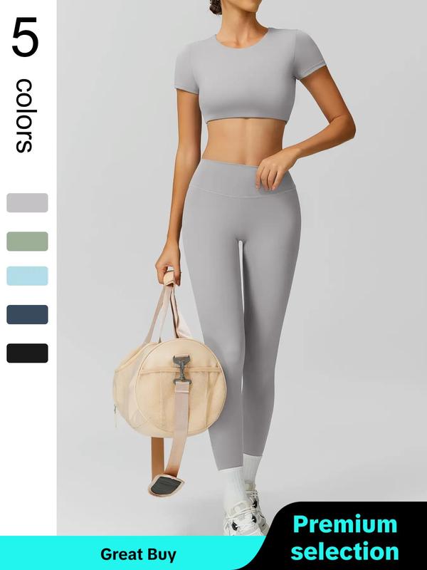 Two Counts Sporty Women's Plain Round Neck Crop Tee & High Waist Leggings Tracksuit Set, Sport Comfy Breathable Two-piece Outfits for Yoga Gym Workout Running, Jogging Suit Set, Ladies Sportswear for Fall,  Jogging Sets for Women, Minimalistic Outfit