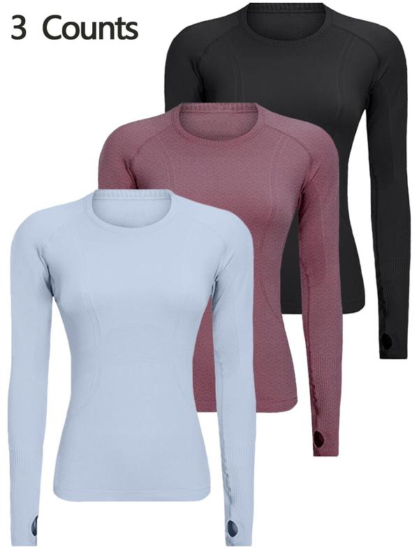 Women's Solid Raglan Sleeve Sports Tee, Breathable Quick Drying Seamless Round Neck Long Sleeve T-shirt for Yoga Gym Workout Running, Ladies Sportswear for Fall & Winter