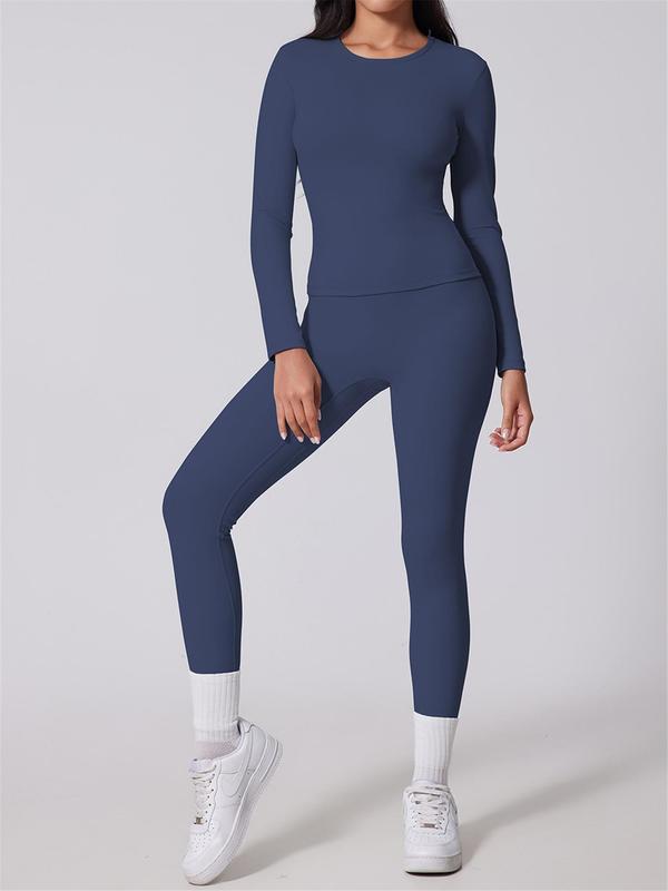 Women's Solid Long Sleeve Tee & High Waist Leggings Tracksuit Set, Sporty Breathable Quick Drying for Yoga Gym Workout Running, Ladies Sportswear for Fall & Winter