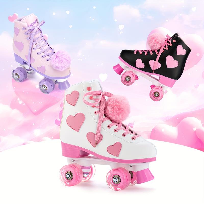 Women's and Girl's Heart Pattern Roller Skates - PU Leather High-top, Double Row Shiny Wheels, Light Up Wheels, Roller Skating Shoes for Fun and Exercise