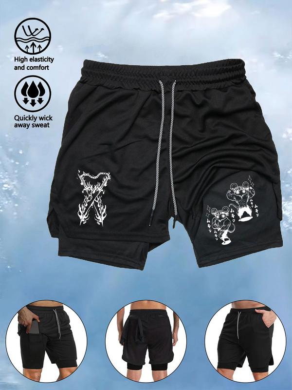 Men's 2 in 1 Pocket Sports Shorts, Sporty Drawstring Waist Towel Loop Design Track Shorts, Gym Shorts, Gym Clothing for Men, Shorts for Men, Gym Shorts for Men, Mens Shorts, Summer Outfits 2024 Graphic Shorts, Gym Clothes