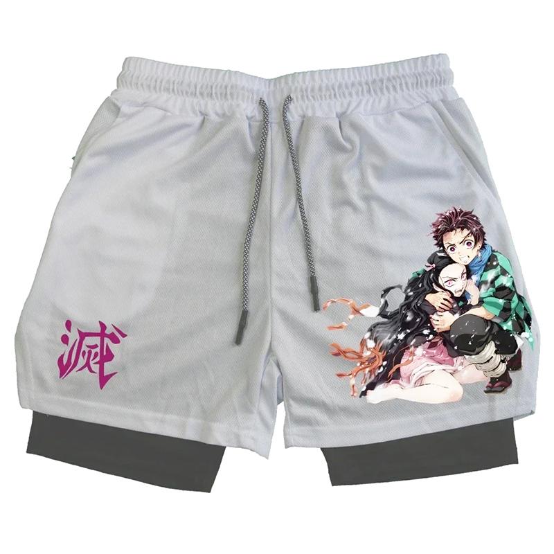 Men Shorts Anime Graphic Gym Shorts 2-in-1 Men Gym Shorts Summer Double Layer Sports Shorts with Inner Pocket Men Training Running Clothes