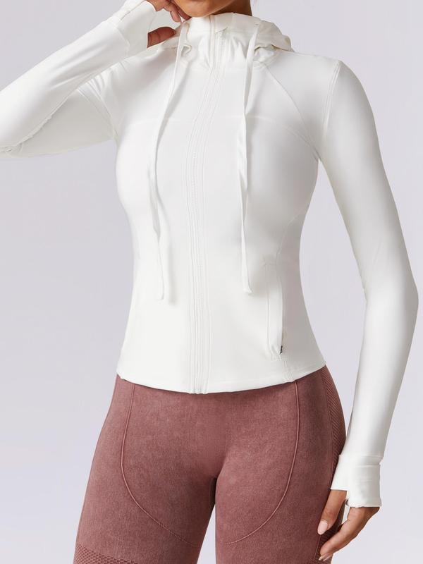 Sporty Women's Solid Color Thumb Hole Zip Up Drawstring Hooded Jacket, Sport Long Sleeve Pocket Outerwear for Yoga Gym Workout, Sports Sauna Jacket, Ladies Sportswear for All Seasons