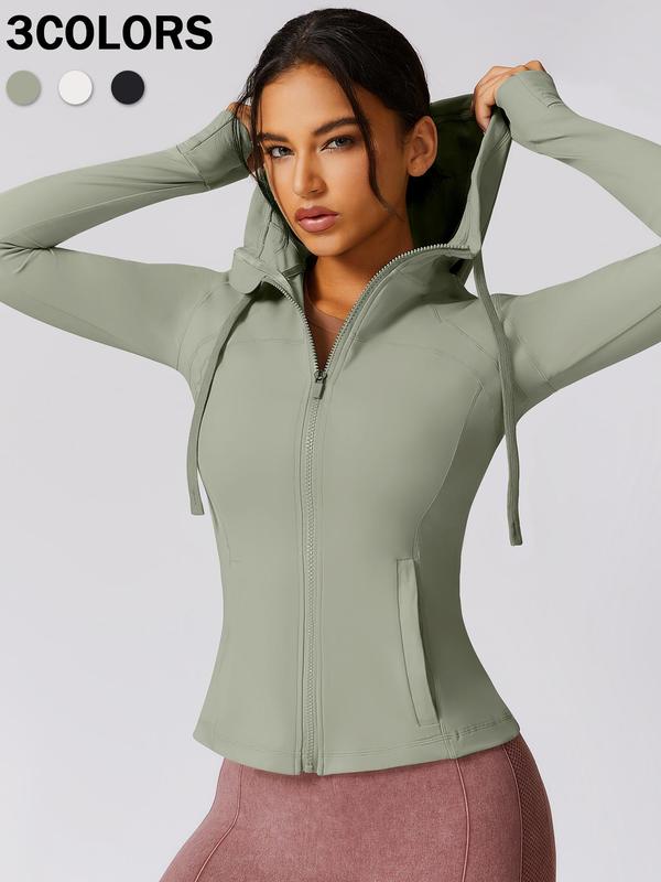 Sporty Women's Solid Color Thumb Hole Zip Up Drawstring Hooded Jacket, Sport Long Sleeve Pocket Outerwear for Yoga Gym Workout, Sports Sauna Jacket, Ladies Sportswear for All Seasons