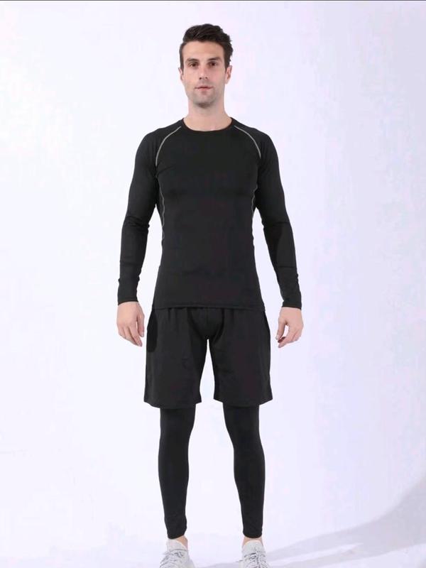 Men's Long Sleeve Compression Tee & Leggings & Shorts Set, Breathable Quick Drying Sports Set, Men's Sportswear Set for Running Basketball