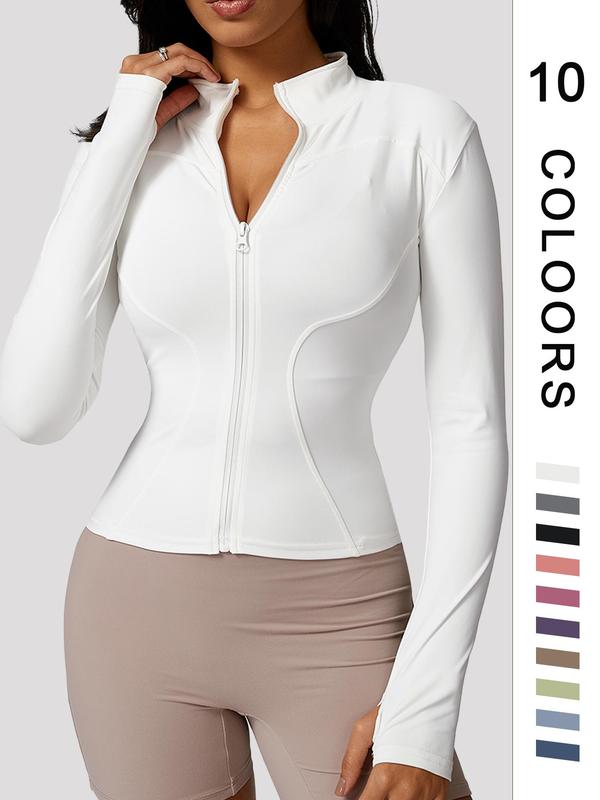 Women's Plain Zip Up Funnel Neck Sports Jacket for Spring, Comfort Basic Minimalist Solid Tight Long Sleeve Full Zip Sports Top, Wind Suit, Fall Outfits 2024, Ladies Sportswear Clothing for Indoor Outdoor Wear, Fall Clothes