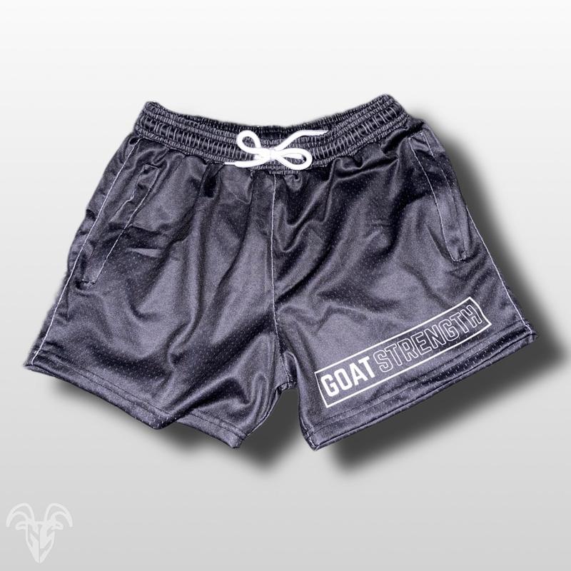 Goat Strength - Men’s Gym   Athletic Mesh 5 inch inseam black shorts - Zipper pockets workoutfit