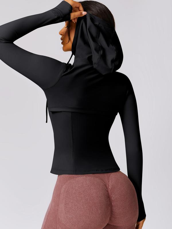 Sporty Women's Solid Color Thumb Hole Zip Up Drawstring Hooded Jacket, Sport Long Sleeve Pocket Outerwear for Yoga Gym Workout, Sports Sauna Jacket, Ladies Sportswear for All Seasons