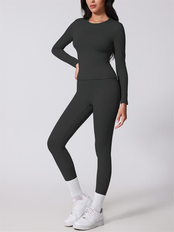 Women's Solid Long Sleeve Tee & High Waist Leggings Tracksuit Set, Sporty Breathable Quick Drying for Yoga Gym Workout Running, Ladies Sportswear for Fall & Winter